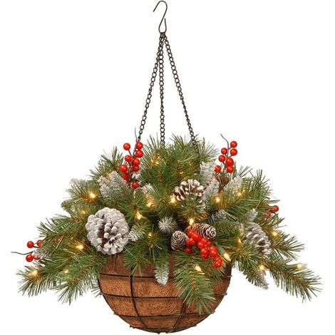 Cesta colgante navideña decorativa con luces (incluye un cono rojo, una piña y 50 luces LED blancas, ideal para porche, terraza, césped o jardín). (1/5)