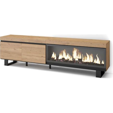 Mueble TV Igualeja-01 de 208x57x35 cm con chimenea eléctrica XXL, diseño industrial, color roble y negro (1/4)