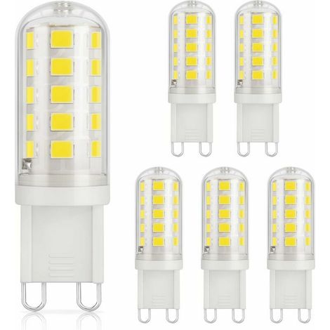 Paquete de 6 bombillas LED G9 de 3 W, 350 lm, equivalentes a halógenas de 40 W, luz blanca fría de 6000 K, 220-240 V, CRI 82, no regulables, ahorro de energía, base de cerámica, casquillo G9 estándar (1/4)