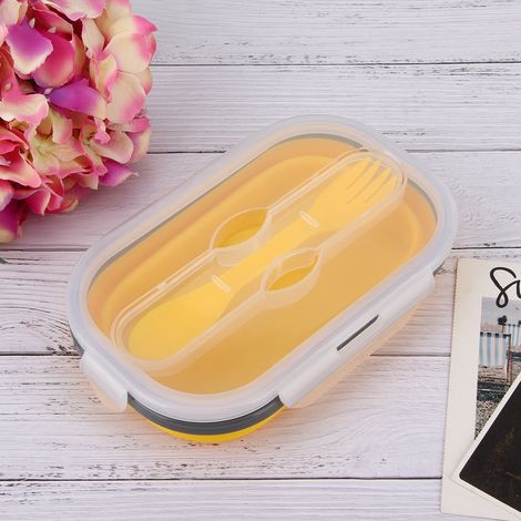 Boîte à lunch pliable et portable en silicone ZD401 de 800 ml avec cuillère et fourchette, boîte à lunch jaune créative (1/5)