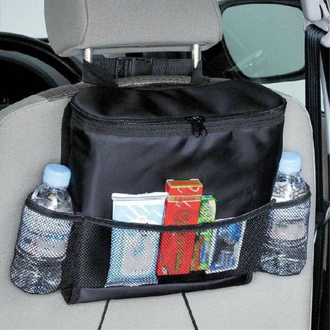 Organisateur de siège auto multifonction avec porte-boissons, sac isotherme de voyage, rangement latéral à multiples poches pour voiture, refroidisseur intégré. (1/5)