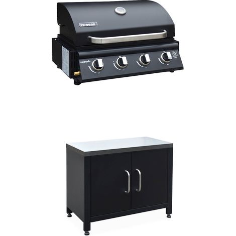 Barbecue à gaz avec 4 brûleurs à poser avec récupérateur de graisse + Meuble de cuisine extérieure en acier L80cm