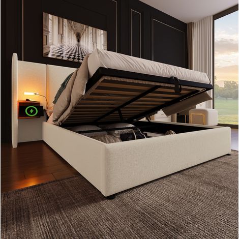 Letto contenitore matrimoniale 160x200 cm, con sollevamento idraulico, USB Type-C, in tessuto beige, senza materasso (1/5)
