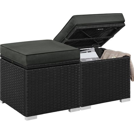 Homevive Juego de 2 Otomanas de Ratán con Almacenamiento Oculto Reposapiés de Patio Asiento Adicional con Cojín para Terraza Porche Jardín Negro/Gris