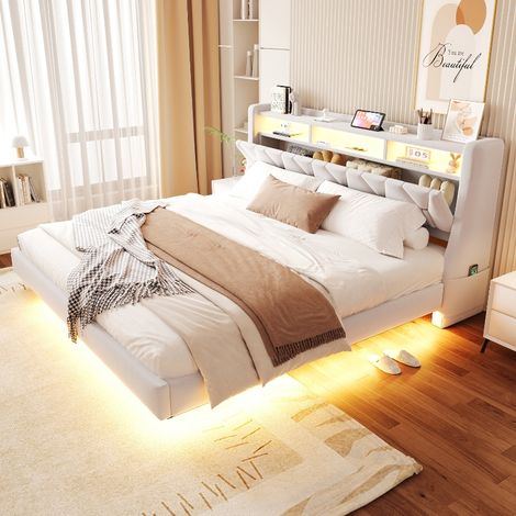 Polsterbett 180x200 cm mit Stauraum und LED-Beleuchtung, Doppelbett aus Samt in Beige, Schwebendes Design mit Steckdose und umklappbarem Kopfteil (1/5)