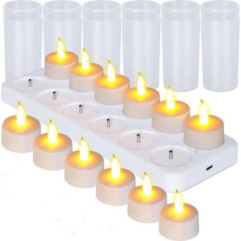 Velas de té recargables sin llama，con efecto parpadeante，juego de 12 con base blanca，ideales para decorar fiestas，cenas y picnics al aire libre (1/5)