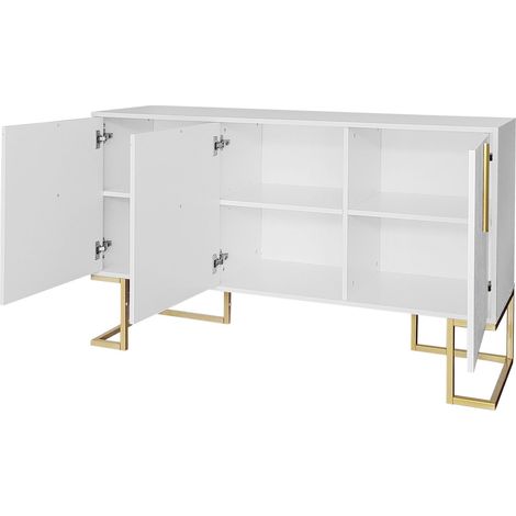Buffet moderne à 3 portes avec étagères réglables, portes d'armoire en forme de U, poignées métalliques et socle pour salle à manger et cuisine (Blanc) (1/5)