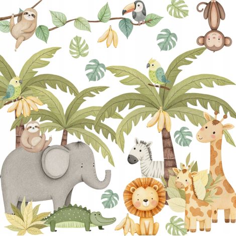 Adesivi murali Safari con animali esotici e palme per cameretta bambini, 125x175 cm (1/5)