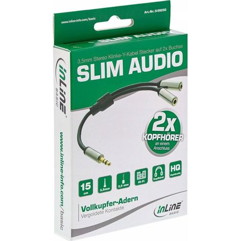 Slim-Kabel Inline-Klinkenstecker 3,5 mm - 2 x 3,5 mm Klinkenstecker 0,15 m silber (S-99250) (1/2)