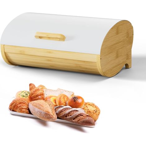 Boîte à pain en acier inoxydable et bambou, de couleur blanche, avec couvercle, pour le plan de travail, la cuisine et le rangement à la maison.-AquaForge (1/5)