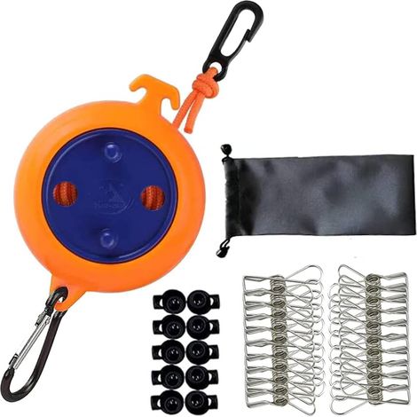 Corde à Linge de Voyage Portable, réglable de 10 m, Corde à Linge de Camping, Corde à Linge pour extérieur/intérieur, buanderie, 20 Pinces à Linge Coupe-Vent et 10 Bouchons Couleur orange (1/5)