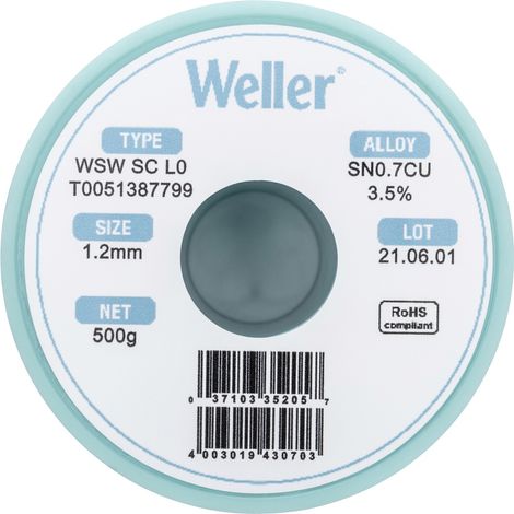 Weller T0051387799 Lötzinn, bleifrei  Sn0,7Cu  500 g 1.20 mm