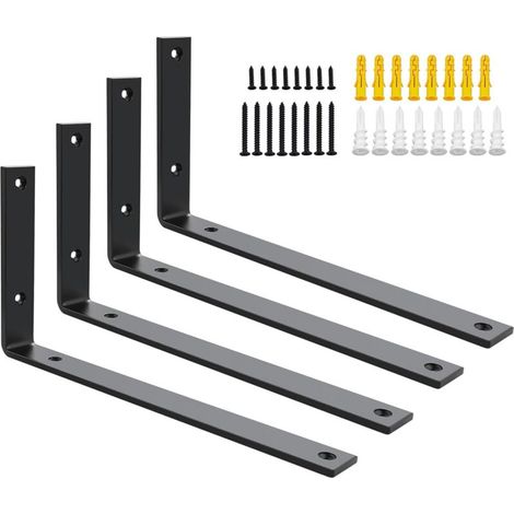 4 Pièces Équerre Étagère Murale Charge Lourde, Supports d'Étagère Métal 5MM d'Épaisseur à Angle Droit de 90°, Fixation Flottante Support pour Salon Chambre Cuisine, 300MM 150MM, Noir
