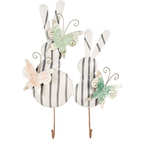 Patère Murale Enfant Porte-Manteau en Fer Lapins et Papillons Blanc et Gris 35x6x47 cm - PANGIVO