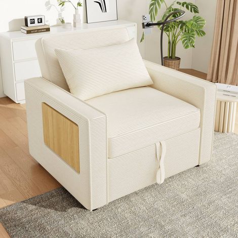 Fauteuil lit pliable 1 place avec usb et support téléphone en velours côtelé beige, gain de place (1/5)