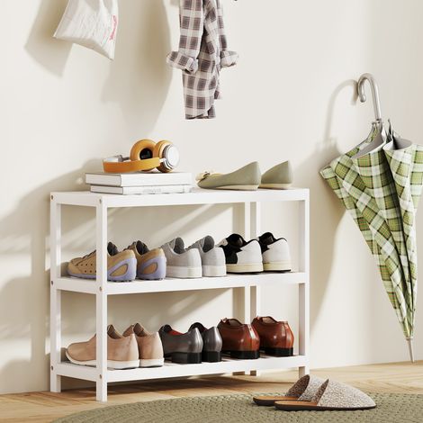 Étagère en bambou à 3 niveaux, blanche, surface laquée, étagère de rangement, étagère à chaussures