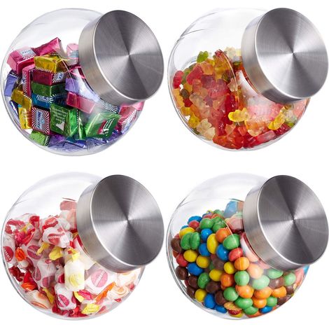 Bonbonnière Jeu de 4,1,5 l, Verre Stockage de sucreries, de provisions, Couvercle Acier Inoxydable, (1/5)