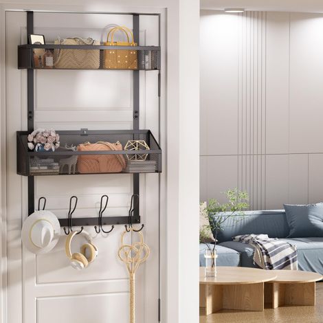 Organiseur de porte avec 12 crochets, étagère de rangement sur porte avec 2 paniers en maille, organiseur de rangement à l'arrière de la porte pour chambre, salle de bain, cuisine, (1/5)