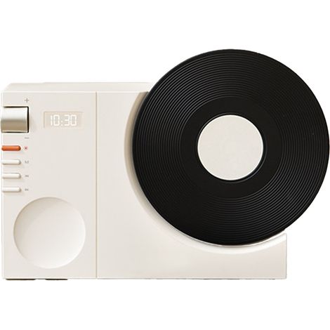 Platine vinyle rétro, enceinte Bluetooth sans fil miniature, enceinte de bureau portable avec horloge et lecteur de carte mémoire, chargement USB, blanche. (1/5)