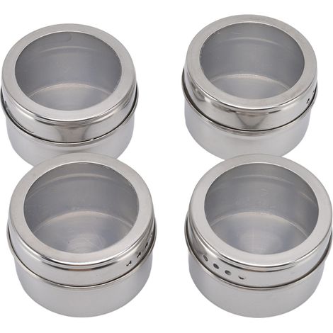 Lot de 4 boîtes à épices magnétiques transparentes, murales en acier inoxydable, flacons doseurs pour barbecue, condiments et sel (1/5)