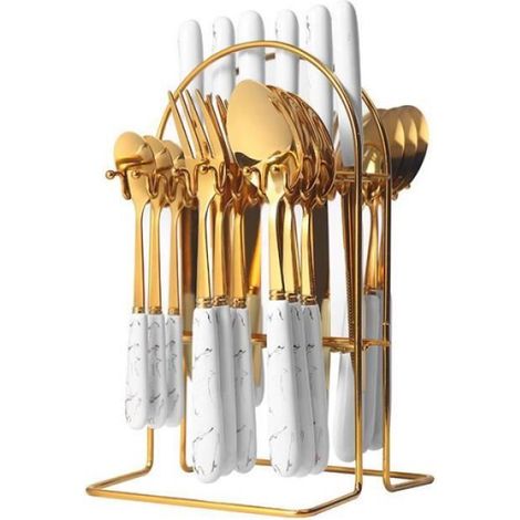 Ensemble de couverts à steak - - 24 pièces - Acier inoxydable - Manche en céramique - Blanc (1/4)
