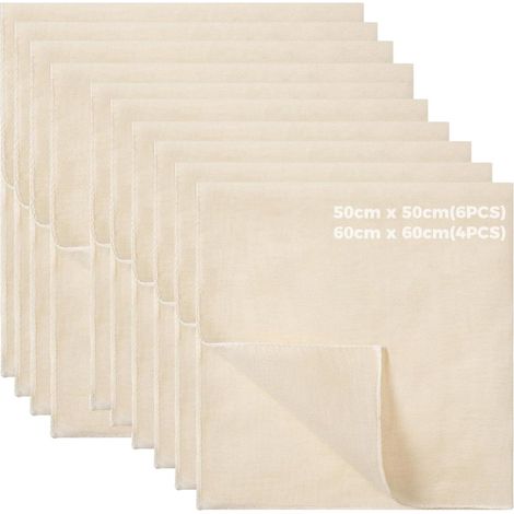 10 Pièces Étamine Alimentaire, 50x50cm & 60x60cm Tissu Ourlé Mousseline Alimentaire, Chiffon à Fromage, Lavable Réutilisable, Idéales pour Filtrer tofu Fromage Beurre Jus Lait de Noix Thé Épices (1/5)
