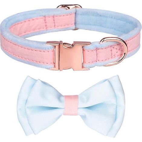 Prinz Katzenhalsband, Hundeaccessoire mit Blumen-Fliege und funkelnden Kristallen, rosa-blau, Größe S, elegantes Katzenhalsband.
