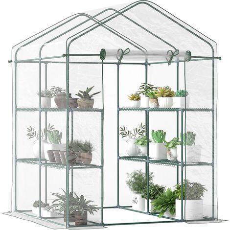 Serre de Jardin avec étagères 3 Niveaux, Serre de Balcon, châssis en Acier, Porte zippée Enroulable, pour légumes Plantes Fleurs, intérieur et extérieur, 143x143x195cm, Transparent (1/5)