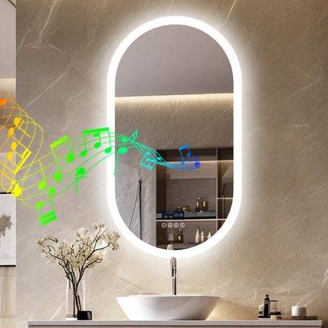 Specchio Ovale da Bagno Led Smart con Bluetooth e Orologio, Retroilluminato + Frontale Luce, 80x50cm