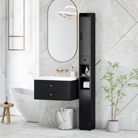 Colonne de salle de bain à 2 portes, compartiment ouvert, étagères réglables et porte-rouleau de papier toilette, 20 x 20 x 185 cm, noire