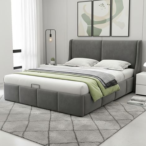 Letto matrimoniale 140x190 cm, con rete a doghe, testiera a forma di orecchie, funzione idraulica, in velluto, struttura in metallo, letto contenitore - Grigio