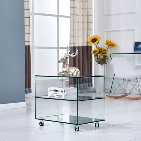 Rechteckiger Corniolo Beistelltisch aus Sicherheitsglas mit Rollen 60x40x53 cm