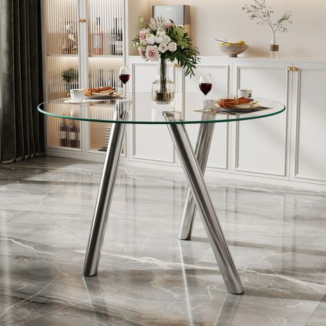 Tavolo da pranzo rotondo 89 cm argento in vetro temperato e metallo con base stabile (1/5)