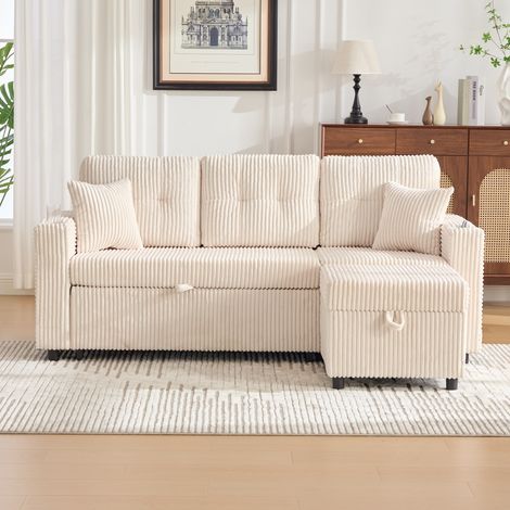 Divano letto - Divano a 3 posti - 196x82x85 cm - con vano portaoggetti e letto estraibile, porta USB-C - velluto a coste beige (1/5)