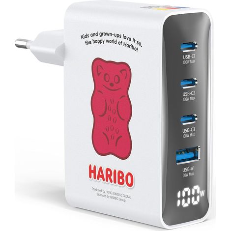 Haribo 100W Chargeur USB C Charge Rapide, 4 Ports Prise USB C GaN avec Écran LED, PD/PPS pour MacBook Pro/Air, pour iPhone 17/16/15, Galaxy S25/S24, Laptop, iPad, Switch, Compact Idéal Cadeau, Rouge (1/5)
