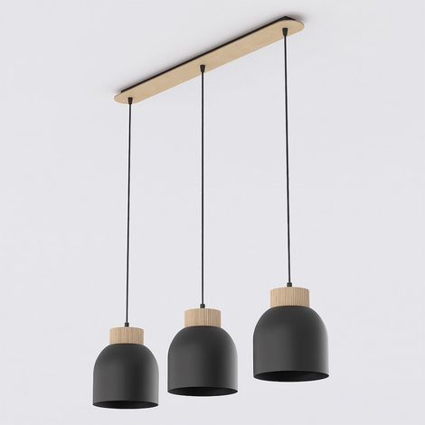 Lampada a sospensione Vigo in acciaio nero opaco e legno