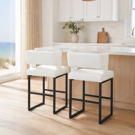Lot de 2 tabourets de bar blancs, assise rembourrée en PU et pieds métalliques noirs (1/5)