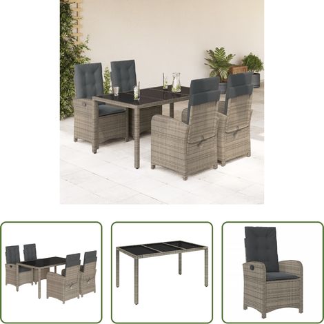 vidaXL Gartenessgruppe -  5-tlg. Garten-Essgruppe mit Kissen Grau Poly Rattan (1/5)