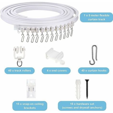 Binari flessibili curvi per tende da soffitto, 5 m, bianchi, con ganci in metallo – Supporto pieghevole per finestre