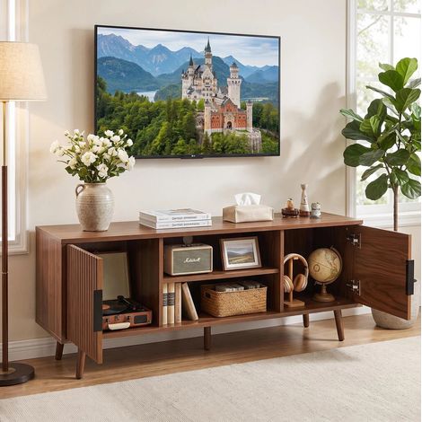 Mueble TV acanalado de 138 cm en MDF efecto nogal, estilo Mid-Century con estantes abiertos (1/5)