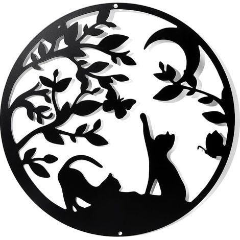 Lntyq Décoration Murale en Métal avec des Chats, Noir Tenture Décor Silhouette Mur Art pour la Maison Chambre Salon Salle de Bains Cuisine Bureau Jardin Hôtel Décoration Murale, 30cm de Diamètre
