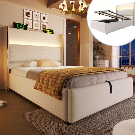 Bett mit Stauraum Leinen Beige 90x200 cm, hydraulisch, mit LED, USB/Type-C und Lattenrost (1/5)