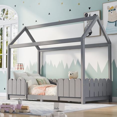 Letto a casetta per bambini in legno massello grigio 90x200 cm con sponde di sicurezza e rete inclusa (1/5)