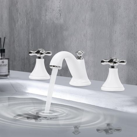Badezimmer Drei-Loch-Doppelschalter-Beckenkran, Breitbeckenmischerkran, kaltes und heißes Wasser, G1/2 "glatte Schnittstelle, Badezimmer-Küchenspülen (weiß)