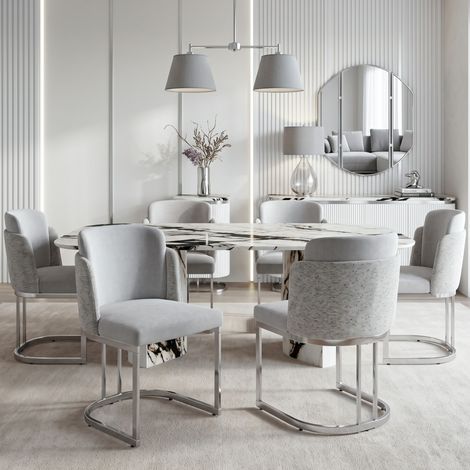Juego de 6 sillas de comedor con doble respaldo, patas metálicas galvanizadas, chenilla gris y plata (1/5)