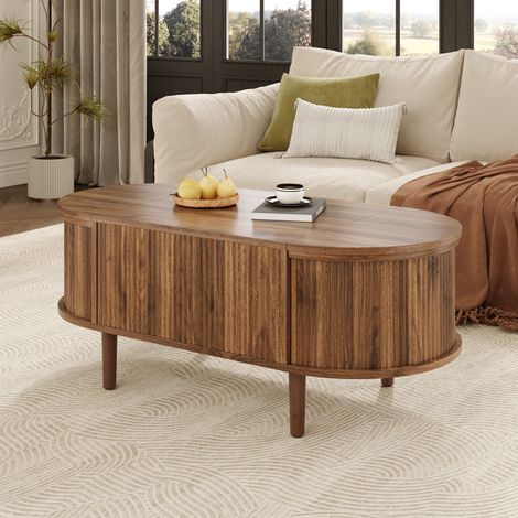 URBAN MEUBLE Table basse ovale rélevable effet noyer vintage 2 portes 100x48cm (1/5)