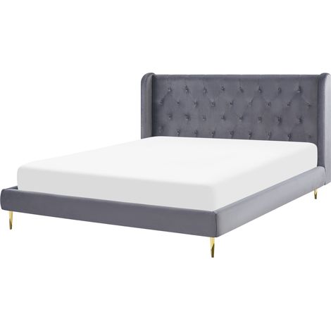 Cama con somier de terciopelo gris 180 x 200 cm cabecero capitoné moderno Forbach (1/5)