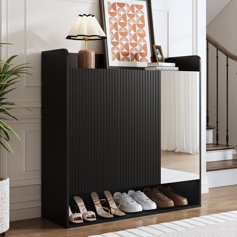Scarpiera in MDF e truciolare nera con specchio intero, 3 ante e ripiani regolabili 110x35,5x110 cm