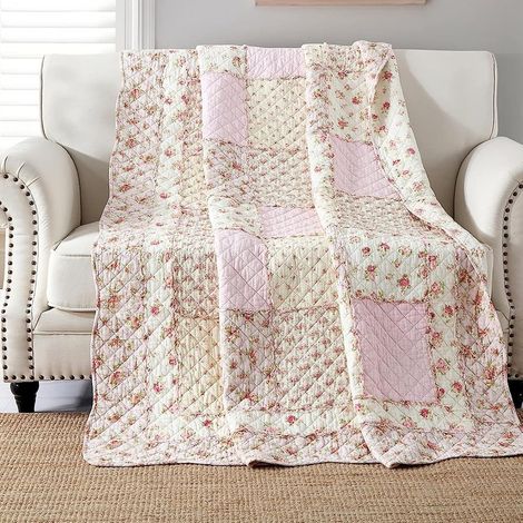 Weiche, gesteppte Tagesdecke 150 x 200 cm, bequeme, einlagige Ganzjahresdecke mit rosa Blumenmuster (1/3)