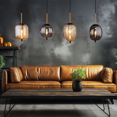 Hängeleuchte Hängelampe Pendelleuchte Pendellampe Esstischleuchte, 4 Flammig Metall schwarz amber rauchfarben, E14 Fassungen, LxBxH 110x18,5x120cm